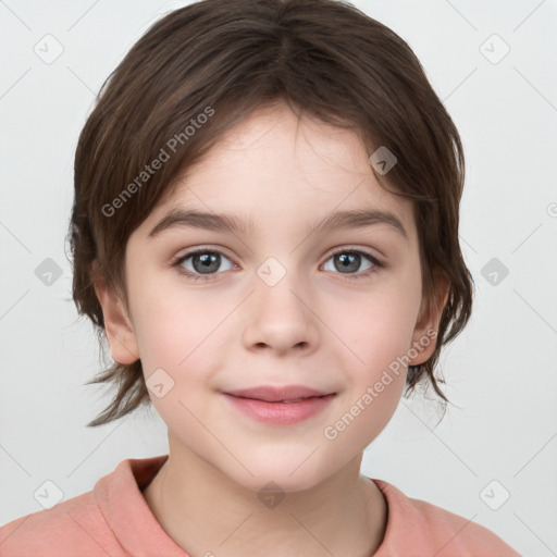 Joyful white child female with medium  brown hair and brown eyes