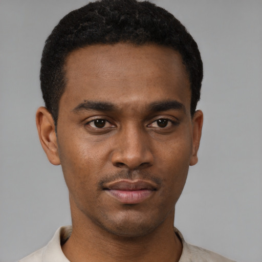 Neutral black young-adult male with short  black hair and brown eyes