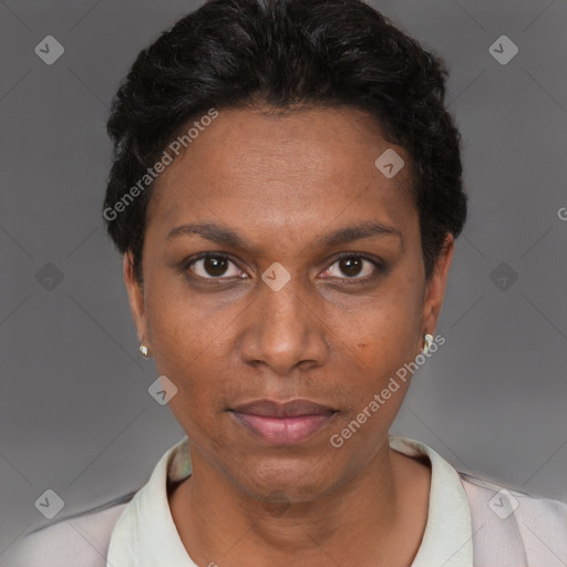 Neutral black adult female with short  black hair and brown eyes