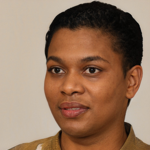 Joyful black young-adult female with short  black hair and brown eyes