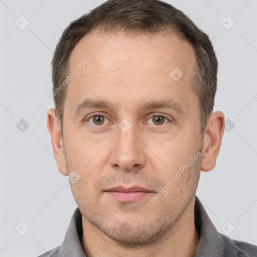 Neutral white adult male with short  brown hair and brown eyes