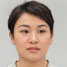 Neutral asian young-adult female with short  brown hair and brown eyes