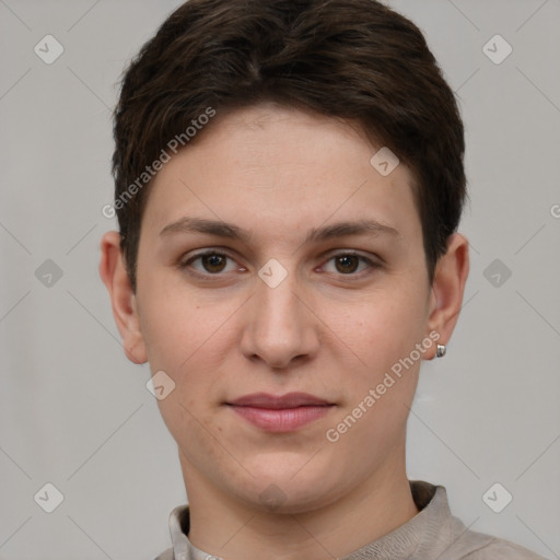 Joyful white young-adult female with short  brown hair and brown eyes