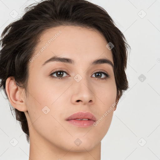 Neutral white young-adult female with medium  brown hair and brown eyes