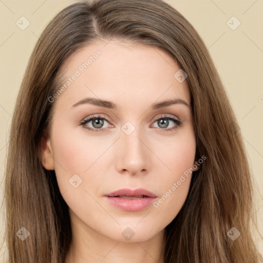 Neutral white young-adult female with long  brown hair and brown eyes