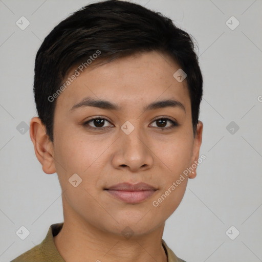 Joyful latino young-adult female with short  black hair and brown eyes