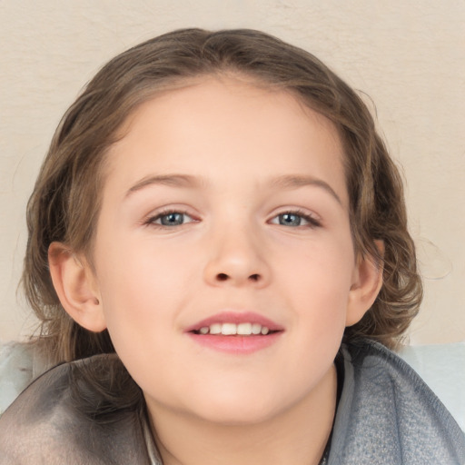 Joyful white child female with medium  brown hair and brown eyes