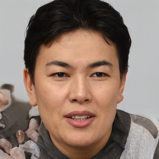 Joyful asian adult female with short  brown hair and brown eyes