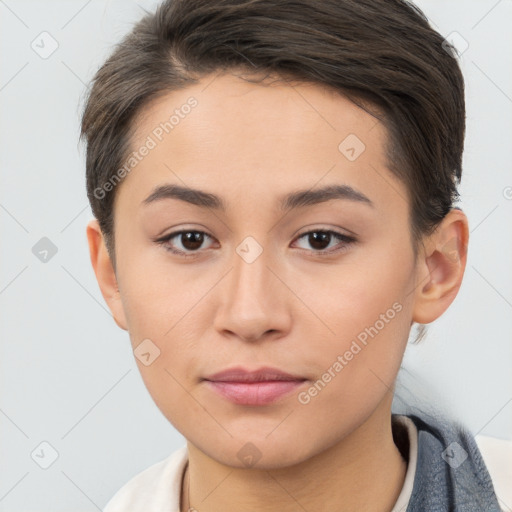 Neutral white young-adult female with short  brown hair and brown eyes