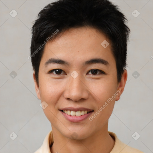 Joyful asian young-adult male with short  black hair and brown eyes