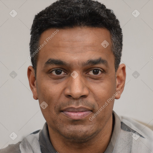 Joyful latino adult male with short  black hair and brown eyes