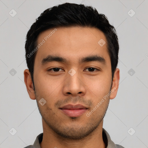 Neutral asian young-adult male with short  black hair and brown eyes