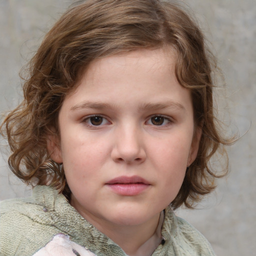 Neutral white child female with medium  brown hair and grey eyes