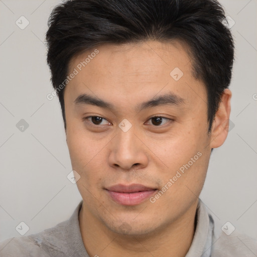 Neutral asian young-adult male with short  brown hair and brown eyes