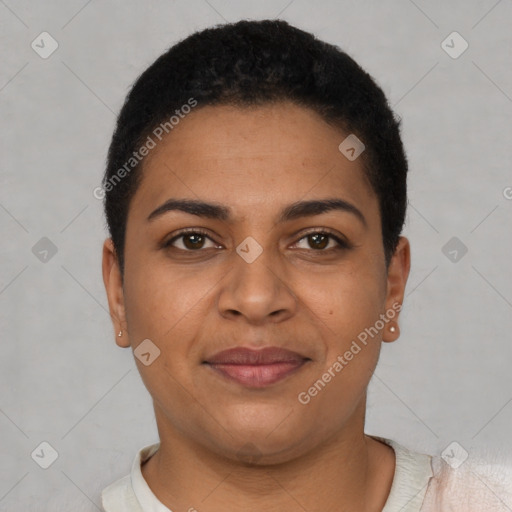 Joyful latino young-adult female with short  brown hair and brown eyes