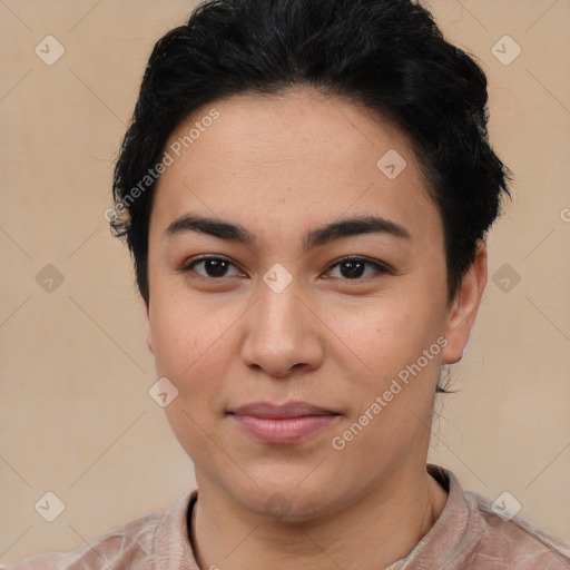 Joyful asian young-adult female with short  brown hair and brown eyes