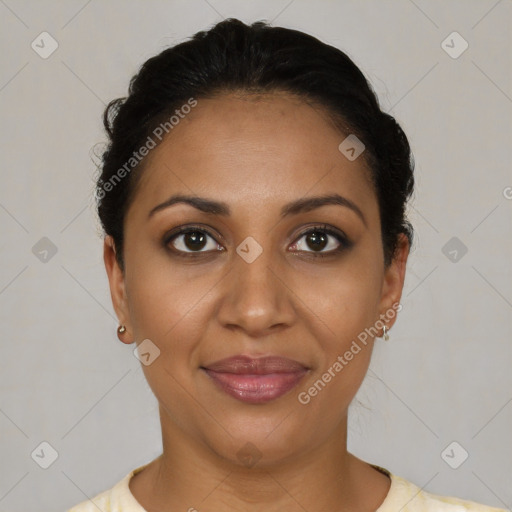 Joyful black young-adult female with short  brown hair and brown eyes