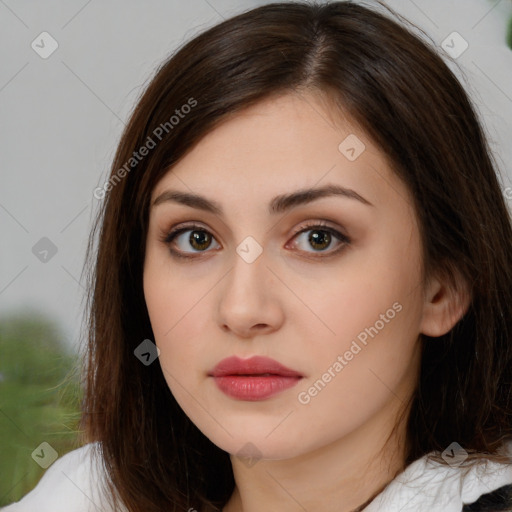 Neutral white young-adult female with medium  brown hair and brown eyes