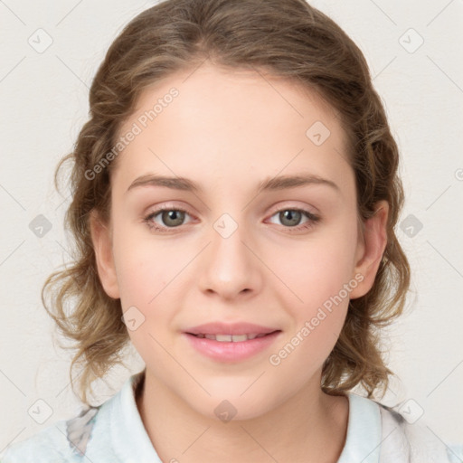 Joyful white young-adult female with medium  brown hair and green eyes