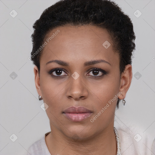 Neutral black young-adult female with short  brown hair and brown eyes