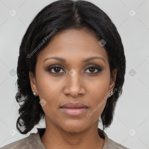 Joyful latino young-adult female with medium  black hair and brown eyes