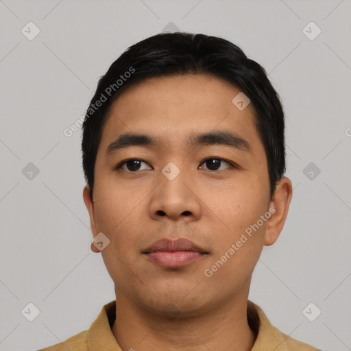 Neutral asian young-adult male with short  black hair and brown eyes