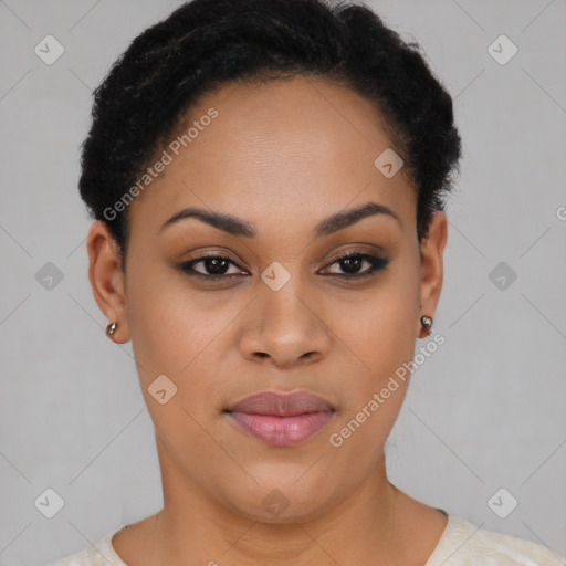 Joyful latino young-adult female with short  black hair and brown eyes