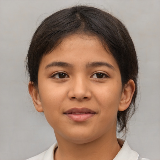 Joyful asian child female with medium  brown hair and brown eyes
