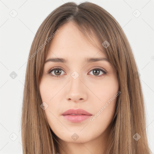 Neutral white young-adult female with long  brown hair and brown eyes