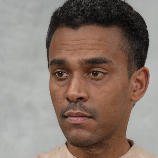 Neutral black young-adult male with short  black hair and brown eyes