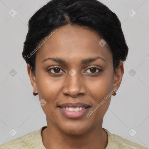 Joyful latino young-adult female with short  black hair and brown eyes