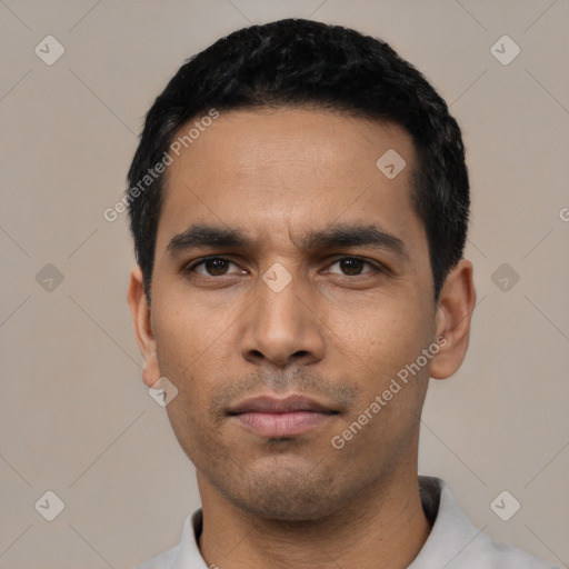 Neutral latino young-adult male with short  black hair and brown eyes