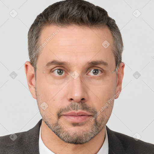 Neutral white adult male with short  brown hair and brown eyes