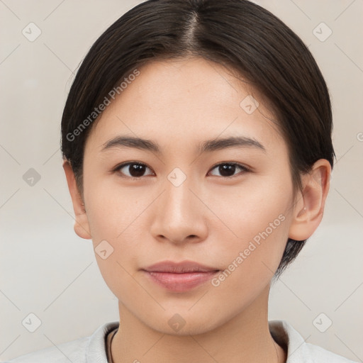 Neutral white young-adult female with short  brown hair and brown eyes