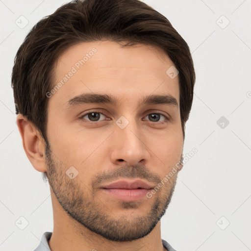 Neutral white young-adult male with short  brown hair and brown eyes