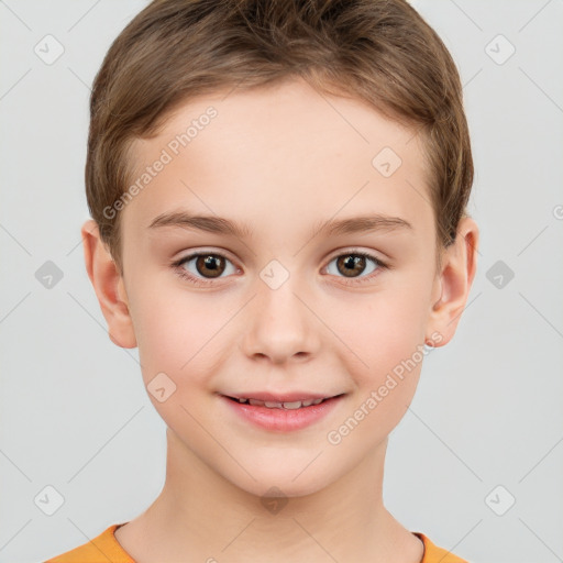 Joyful white child female with short  brown hair and brown eyes