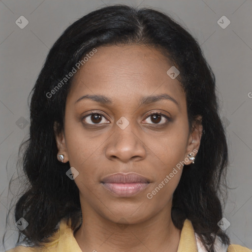 Joyful black young-adult female with medium  brown hair and brown eyes