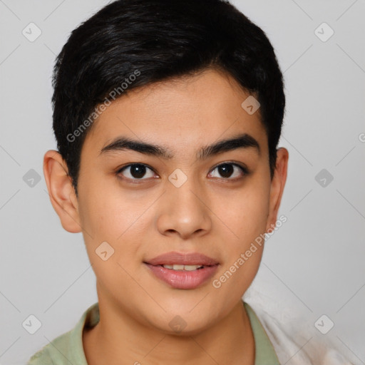 Joyful latino young-adult male with short  brown hair and brown eyes