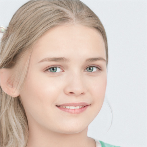 Joyful white young-adult female with long  brown hair and blue eyes