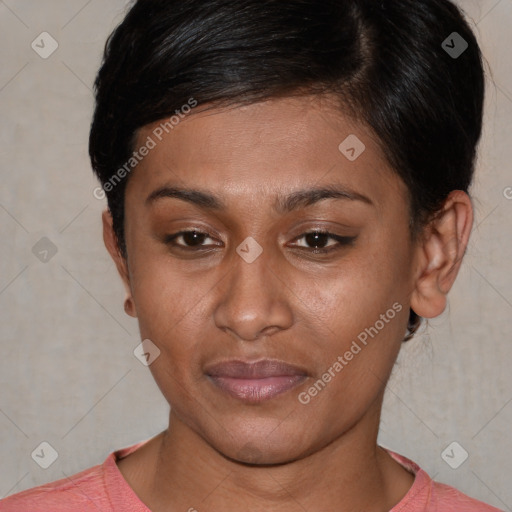 Joyful asian young-adult female with short  brown hair and brown eyes