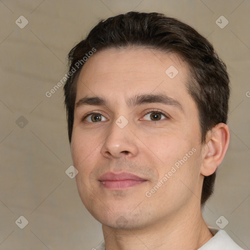 Neutral white young-adult male with short  brown hair and brown eyes