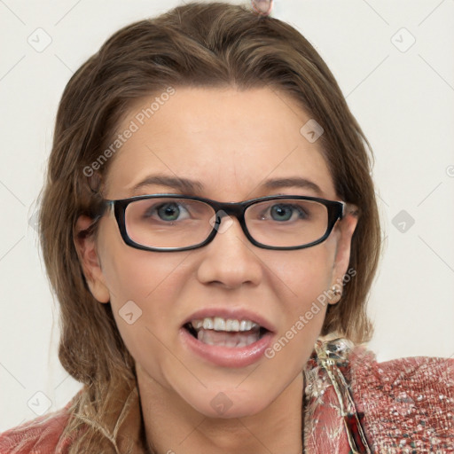 Joyful white young-adult female with medium  brown hair and blue eyes