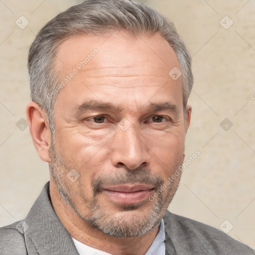 Neutral white middle-aged male with short  brown hair and brown eyes