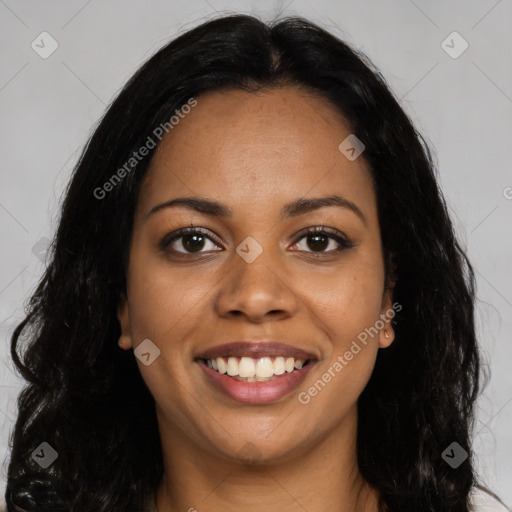 Joyful latino young-adult female with long  black hair and brown eyes