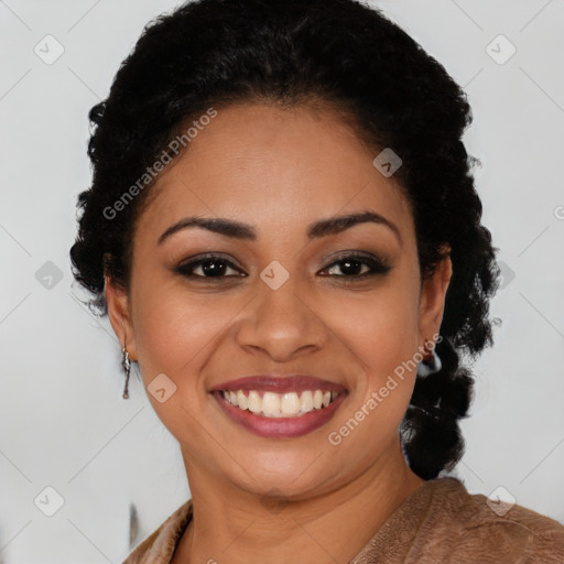 Joyful latino young-adult female with long  brown hair and brown eyes