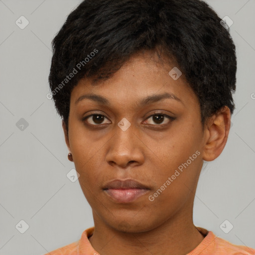 Neutral asian young-adult female with short  brown hair and brown eyes