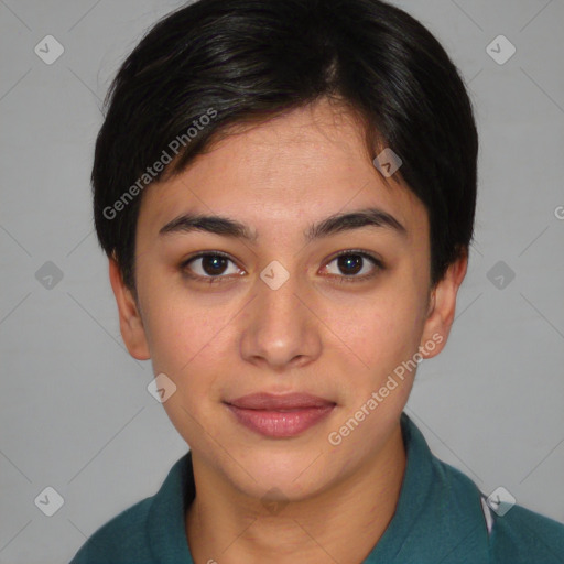 Joyful asian young-adult female with short  brown hair and brown eyes