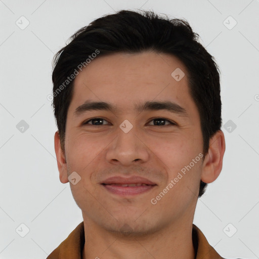 Joyful asian young-adult male with short  black hair and brown eyes