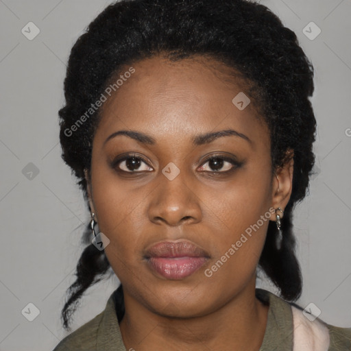 Neutral black young-adult female with long  black hair and brown eyes