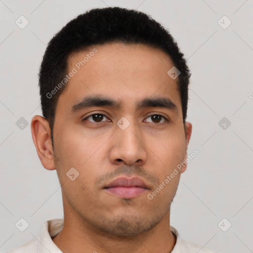 Neutral asian young-adult male with short  black hair and brown eyes